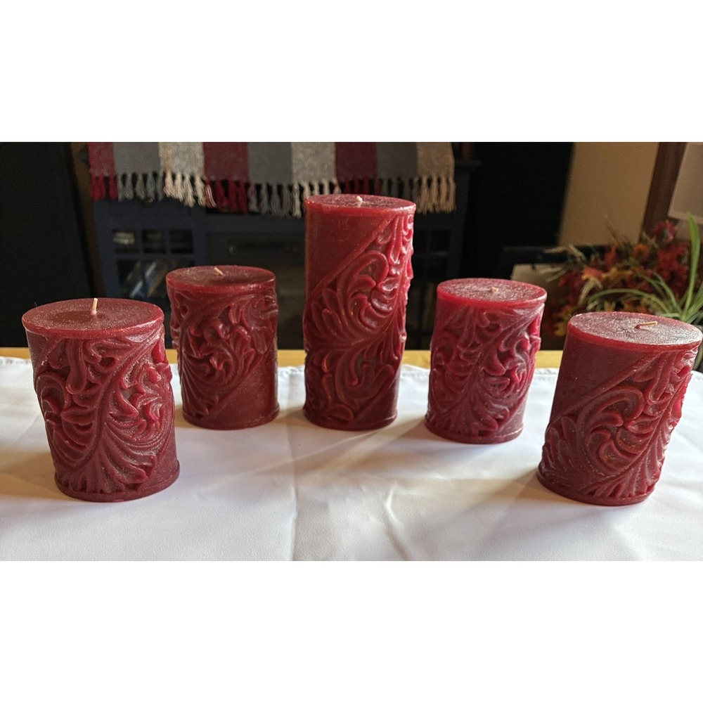 VTG pier 1 imports Plum Bordeaux Carved Pillar Candles Set of 5 Rare HTF